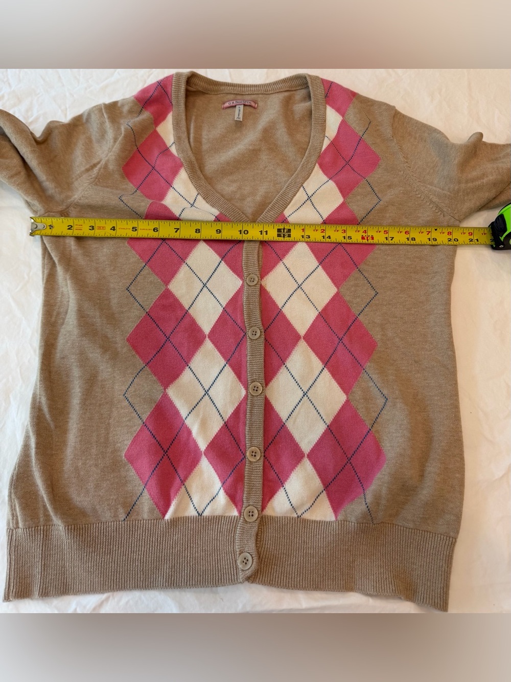 Vintage Y2K G.H. Bass Argyle Cardigan L 100% Cotton Pink Tan Preppy Sweater - Picture 4 of 7